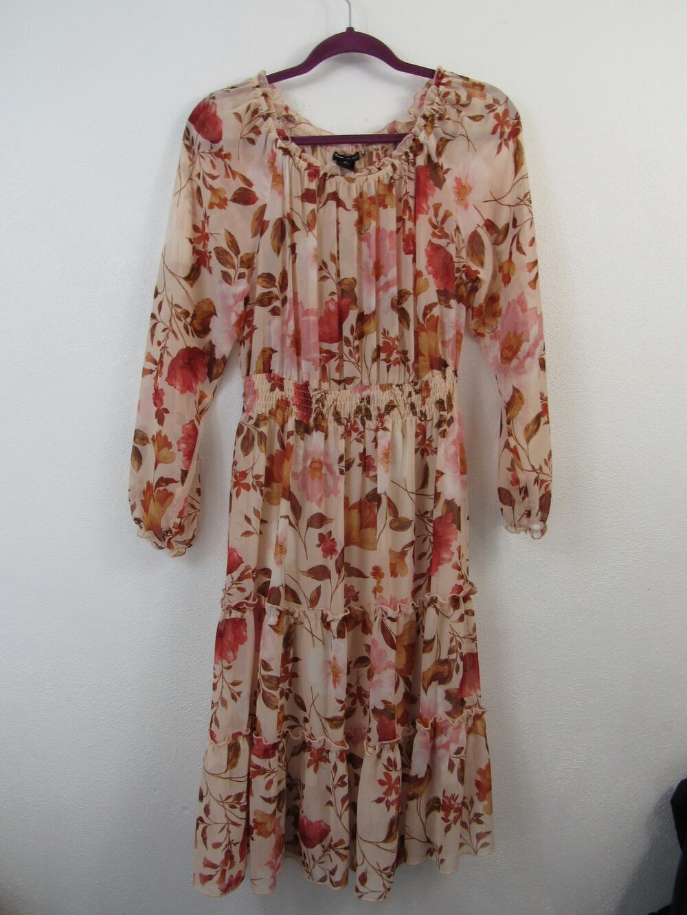 Kate and Lily Size 12 Women's Pink Chiffon Floral Tiered Dress Off Shoulder